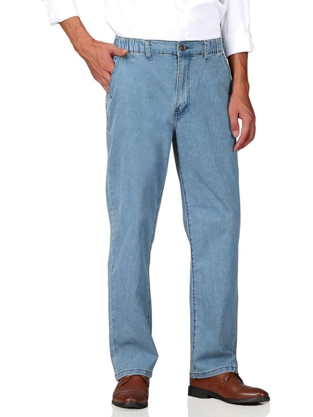 Men's Relaxed Fit Elastic Waist Jeans with Zipper & Button Closure - Comfortable